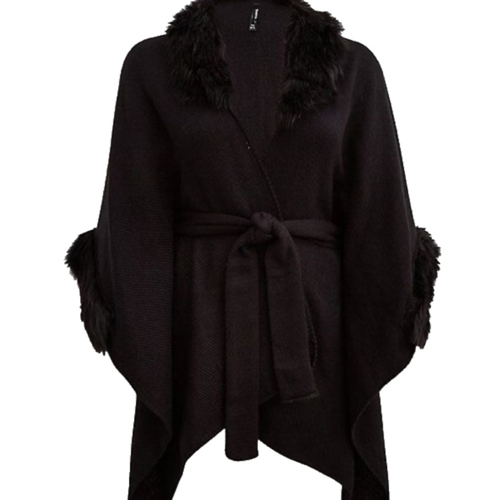 Women's Black Faux Fur Trim Wrap
